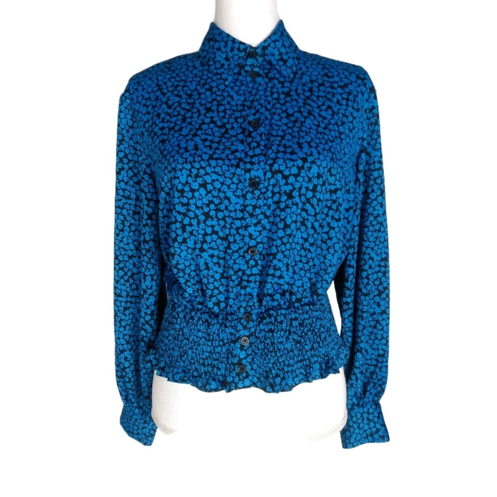 Who What Wear for Target Blue Black Floral Smocked Waist Blouse Size Small